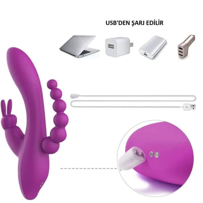 USB Şarjlı Klitoral & Anal Uyarıcılı Teknolojik Vibratör - Mor
