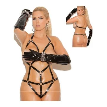 Siyah Özel Bölgeleri Açık Deri Harness Seksi Fantezi Bodysuit