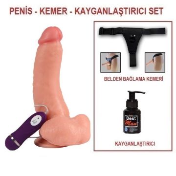 22 cm Belden Bağlamalı Titreşimli Realistik Dildo Penis Set