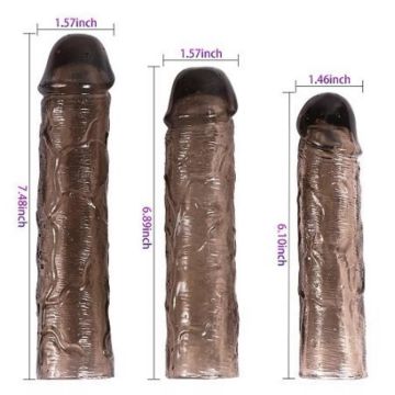 Ucu Dolgulu Uzatmalı 3'lü Şeffaf Penis Kılıfı Seti - Siyah